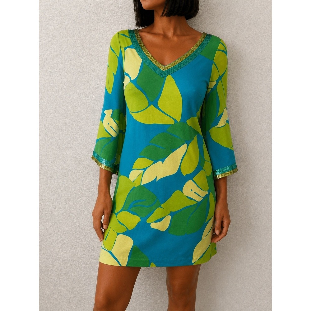 Lilly Pulitzer Eliana Palm Leaf Sequin Dress Sz L Green Blue